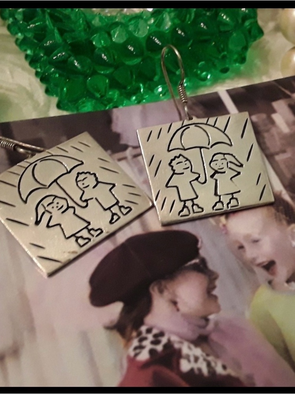 Hand-Stamped .925 Sterling Silver Vintage Earrings with Umbrella Design -